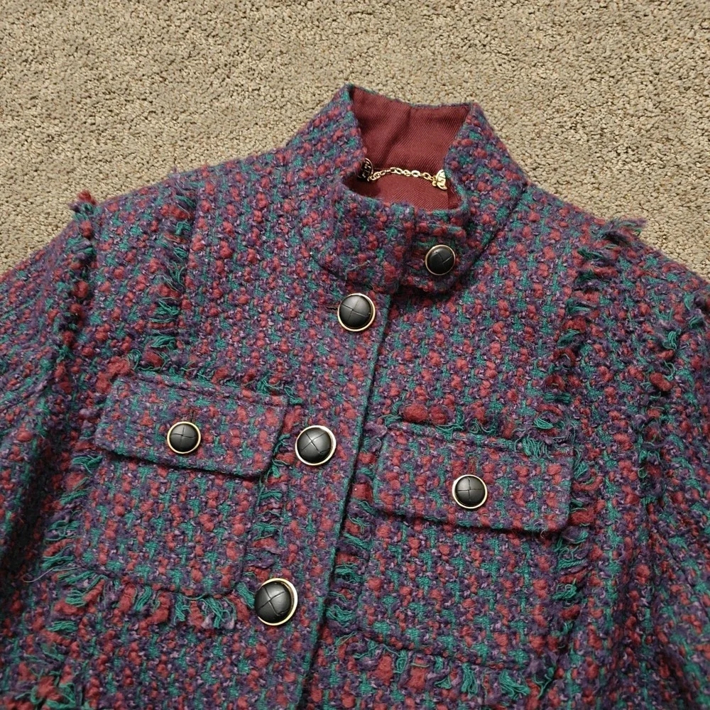 Tory Burch Burgundy Teal Tweed Frayed Trim Military Jacket Size‎ 4 Logo Buttons